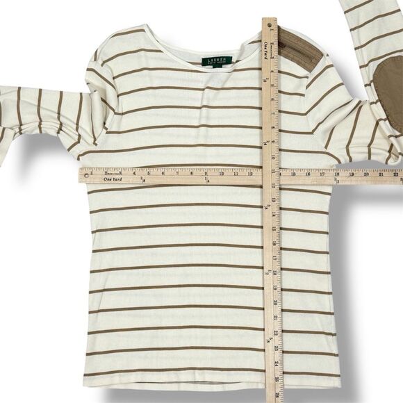Lauren Ralph Lauren Striped Elbow Patch Ribbed Knit T Shirt Cream Tan Large - Picture 10 of 11